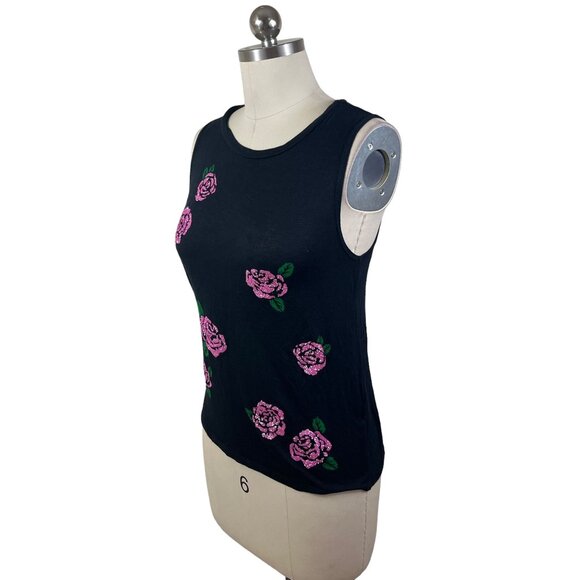 Y2K Show Stoppin Top Womens Small Black Pink Floral Rhinestone Cottage Goth Boho - Picture 2 of 8